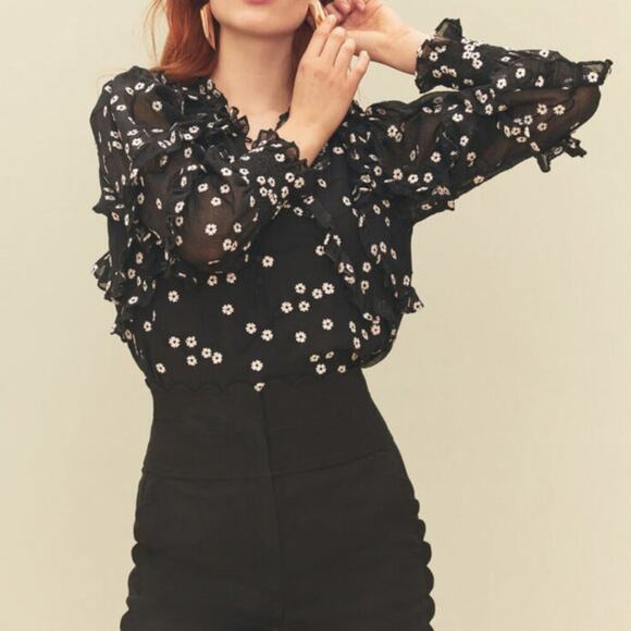 Rebecca Taylor Tops - Rebecca Taylor Black Daisy Floral Ruffle Blouse Size 2 — Romantic Silk Top